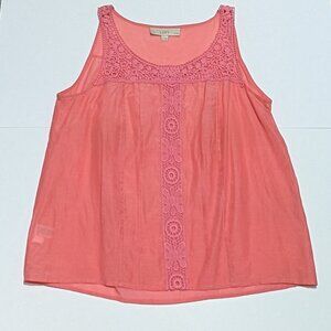 Loft coral/print silk blend sleeveless shirt with lace/crochet details, size SP